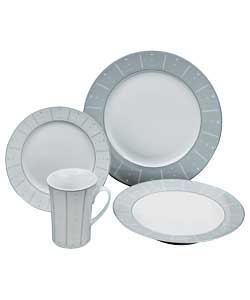 4 place settings.Set includes 4 dinner plates, 4 side plates, 4 bowls and 4 mugs.Dinner plate diamet
