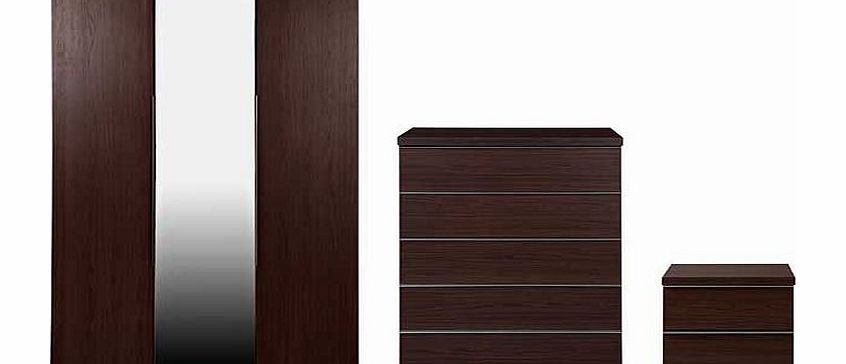 Part of the Linear collection. Chest of drawers: Size H103. W80. D39cm. 5 drawers. Bedside chest: Size H45. W48. D39cm. 2 drawers. Wardrobe: Size H183. W119. D49cm. 1 hanging rail. Metal runners. Made of wood effect. Plastic handles. Self-assembly - 