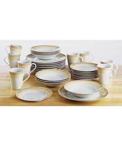 8 place settings.Set contains 8 dinner plates, 8 side plates, 8 bowls and 8 mugs.Dinner plate