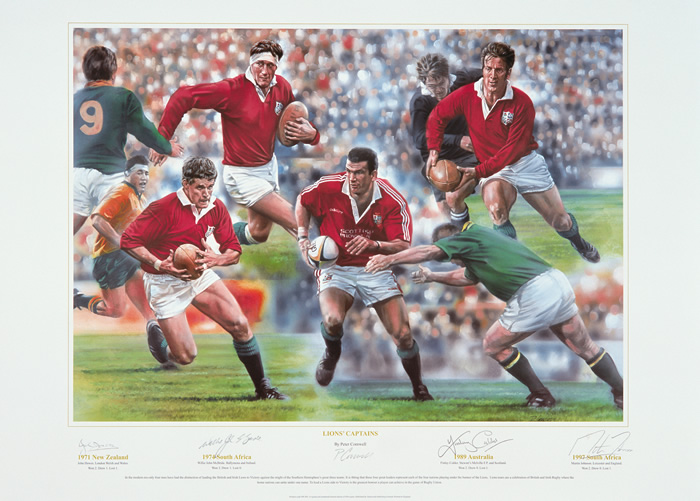 `Lions Captains` by Peter Cornwell - a limited edition of 850 prints signed by John Dawes  Willie