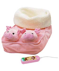 Fun pig design with cosy fleece lining. Massages feet with 2 intensity settings. Fits any foot