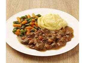Tender lambs liver with sliced onion and bacon in a rich casserole. Served with mashed potato, cut green beans and carrot tips.