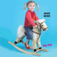 This rocking horse has neighing and trotting sounds, imitation reins and saddle with stirrups and