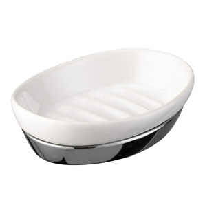 A crisp white ceramic and chrome soap dish. H3 x W13 x D9cm. The Lola range of bathroom accessories