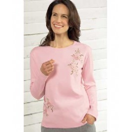 Crew neck long sleeve embroidered t-shirt with attractive floral sequin design. 100 Cotton. Machine 