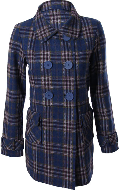 Double breasted woven check coat with belted cuffs