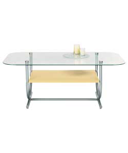 Beech effect and silver tube coffee table with glass top.Size (L)105, (W)58, (H)43.5cm.Weight is in