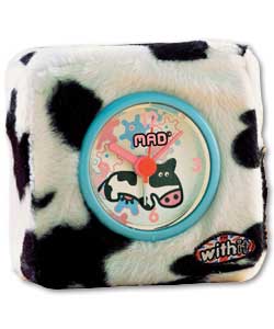 Soft foam body with plush black and white finish on this quartz accurate alarm clock in gift