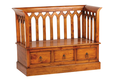 HAND CRAFTED DETAIL SOLID MAHOGANY BENCH WITH 3 DRAWERS