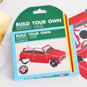 This Make Your Own Wind Up Retro Car 3D Puzzle Toy would make a fab gift for little boys or big boys that just like to have some good old fashioned fun.From the Build Your Own Wind Ups Collection; this retro wind up car puzzle comes flat packed in a 