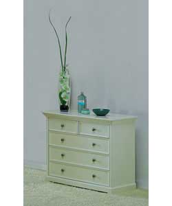 Size (H)75.5, (W)90.6, (D)43.9cm.Chipboard with white painted finish.Drawers have smooth glide metal