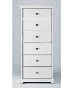 Size (H)126.7, (W)59.6, (D)43.9cm.Chipbaord with white painted finish.Drawers have smooth glide meta