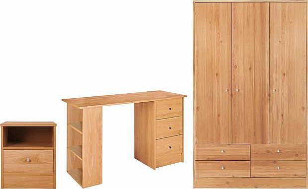 This popular and affordable range offers brilliant value. with plenty of storage. The package includes a three door. four drawer wardrobe a bedside chest and a desk. perfect for storing away all of your essentials. Part of the Malibu collection. Beds