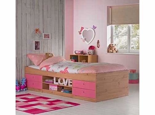 Promising a peaceful nights sleep for your child. this delightful pink on pine Malibu cabin bed is a great choice. A real space saver. not only does it comprise of four drawers. ideal for additional storage space. but it also features two long shelve