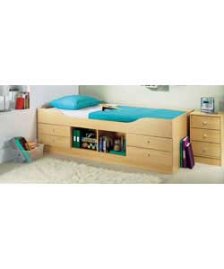 Beech effect.Includes 4 drawers and a central open storage section on the side of the bed.Complete