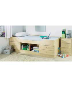 Maple effect.Includes 4 drawers and a central open storage section on the side of the bed.Complete