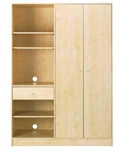 Robe section has 1 fixed shelf and 1 double width hanging rail. 1 drawer. Silver coloured metal