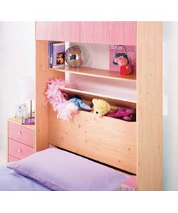 Suitable for a single bed. Pine effect with pink wash effect fascia and silver coloured metal