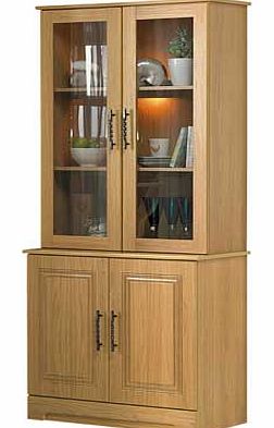 Contemporary and stylish this oak effect glass display cabinet from our Malvern range. brings an elegant feel to your home. The mixture of the glass doors. antique pewter twist bar handles and wood effect back panels gives a modern feel to the unit. 