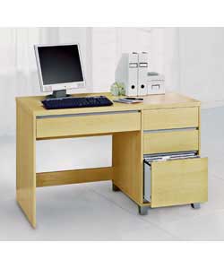 Hideaway pull-out keyboard shelf on metal runners.2 drawers and additional filing drawer, all on