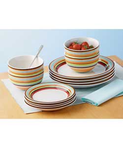 4 place settings.This bright set with red, black, green, orange, blue and white spinwash design