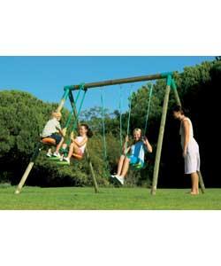 Features high quality FSC certified treated wood frame.2 swings with sturdy moulded seats, see-saw