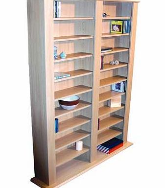 Large free standing beech effect finish multimedia storage unit with adjustable shelves - capacity 1060 CDs or up to 420 DVDs / Blu-rays / computer games. Wall strap for additional stability. Shelf: W52.6 x D15cm. Please note total capacity including