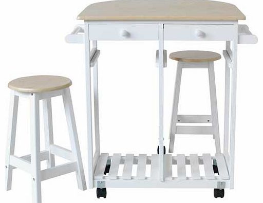 This Mayson Kitchen Trolley Set is perfect for dining in your kitchen when you dont have much space. With 2 stools that fit under the table and 2 handy drawers for cutlery and other utensils. this kitchen trolley is great for one or two person dining