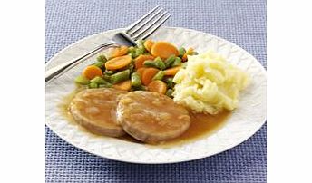 A well-seasoned sliced pork meatloaf in tasty onion gravy. Served with a smooth mashed potato, green beans and sliced carrots.