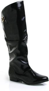 Patent high leg boot with slouch back and buckled strap. The Mebob boots have an almond toe and low 