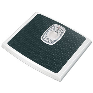White scale with a black vinyl platform. Maximum weight 130kg (19 st) in 500g (1 lb) graduations