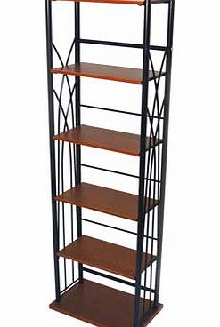 Excellent no-nonsense dark oak effect shelving with black frame DVD/display tower which holds up to 100 DVDs/Blu-rays/computer games over 5 shelves. Can also be used for computer games or videos and can hold about 150 CDs. Shelves are 20cm apart. Con