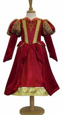 This regal gown in red velour has a sumptuous golden bodice print and a gold foil. panelled organza sleeve detail. Designed with voluminous puffed sleeve. hooped full skirt and finished with a pretty gold sequin trim. Suitable for height 134 to 146cm