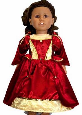 Whats more fun for your little one than dressing up? Dressing their favourite doll in a matching outfit. This red satin and velour dress has a golden glitter bodice print and is finished with beautiful gold foil organza panelled sleeve detail. just l