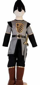 A Medieval costume with a chainmail effect tunic that has a gold motif and mock leather belt detail. This outfit also includes black trousers. mock brown boots. a black helmet and a sword to complete the outfit. Suitable for height 134 to 128cm. For 