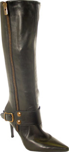 Meelon pointed toe knee high boot with zip on inside leg. Featuring a high covered heel and a buckle