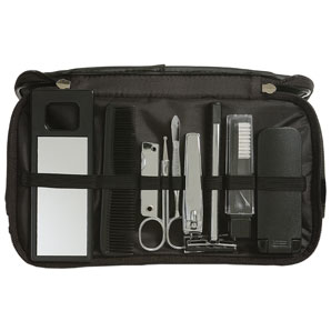A black rubber effect wash bag with mirror, comb,