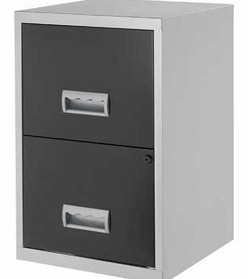 Made from robust steel and finished in a stylish silver and black design. this two-drawer filing cabinet is ideal for home or office use. Featuring two lockable drawers to help keep all your important documents safe and out of the way. Metal cabinet.