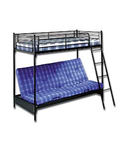 Metal Bunk Bed and Sofa with Black and Blue Futon Mattress