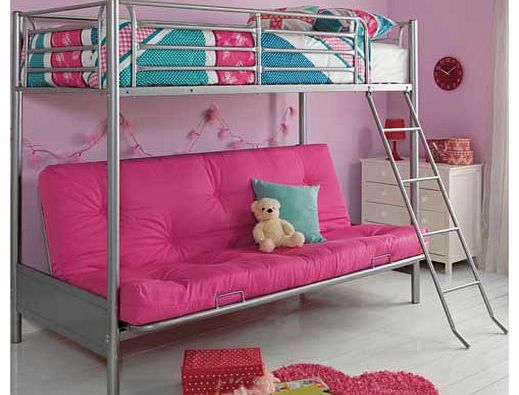 Perfect for sleepovers. or just for relaxing. this funky futon bunk has a silver tubular steel frame with single top bunk and double futon base in fuchsia. For safety reasons the maximum mattress height to be used on the top bunk is 19cm. Included in