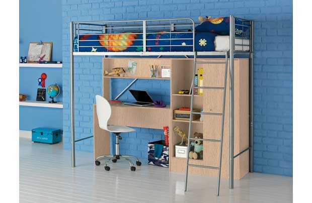 Maximise space with this silver-coloured tubular steel bunk bed with storage and desk space. Features beech finish under-bed wardrobe unit with hanging space and shelving area plus a desk with pull-out keyboard shelf