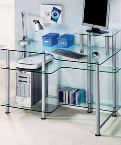 Clear tempered glass and chrome coloured metal desk.4 shelves including areas for monitor and