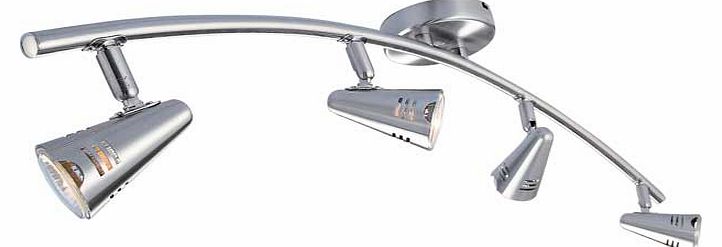 This sleek Metza spotlight. in a silver effect. features a beautifully curved bar with 4 cone shaped spotlights. which can be angled to any position to project light where needed. Drop 17.3cm. Length 79cm. Equivalent light output 200 watts. IP rating