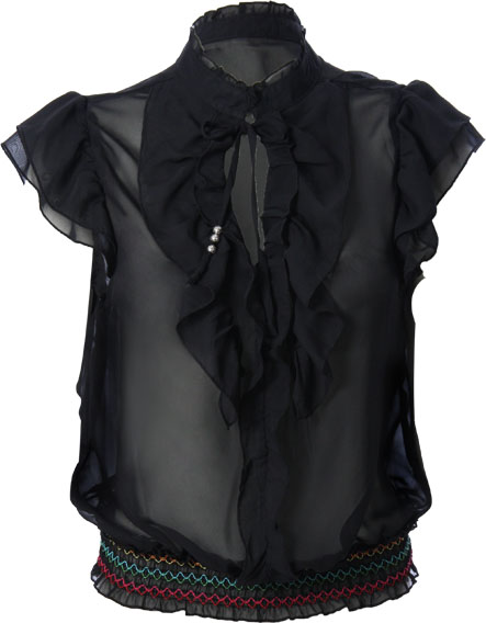 Frill front loose fit chiffon blouse with contrast shirring at waist and bead detail. 100 Polyester