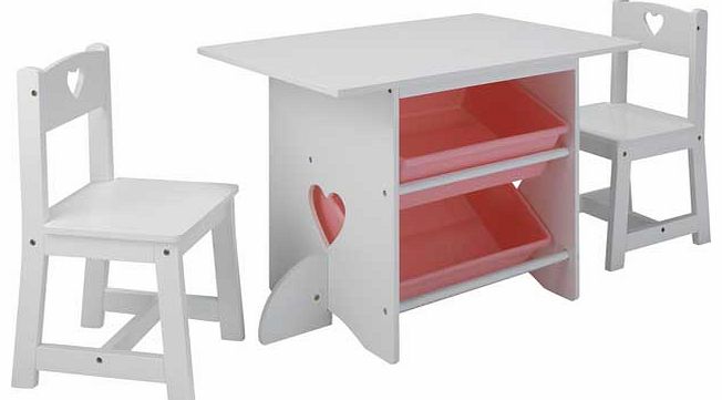 Perfect as an arts and crafts station. this Mia Table and Chairs set has two removable storage trays that sit under the work surface and heart-shaped cut-outs in the table supports to add a girly touch. Part of the Mia collection. Table: Size H49. L7