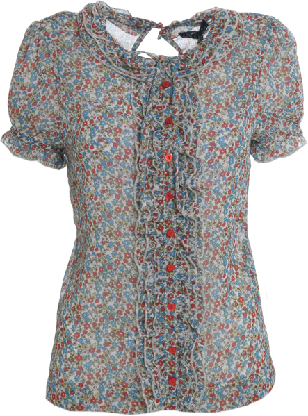 Ditsy print ruffle front blouse. 100 polyester. 58.5cm length centre back.
