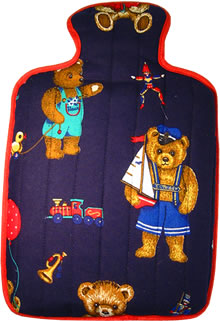 Microwave Hot Water Bottle - Dark blue tartan design with teddy bears