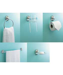 Satin nickel and chrome finish. Comprises towel rail, towel ring, toilet roll holder, toothbrush
