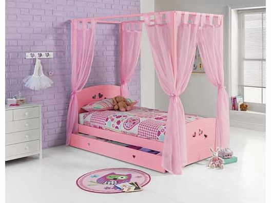 This Millie four poster bed is perfect for a princess. With pink curtains and a pink underbed drawer. this bed is both pretty and practical. The Millie Four Poster Single Bed Frame comes packed flat for easy home assembly. Size W99. L202. H188cm. Dra