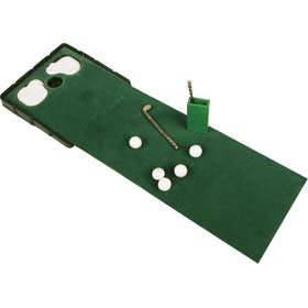 The kit contains a tiny fold-out putting mat with sand trap  sand  putters  wooden stand  mini golf